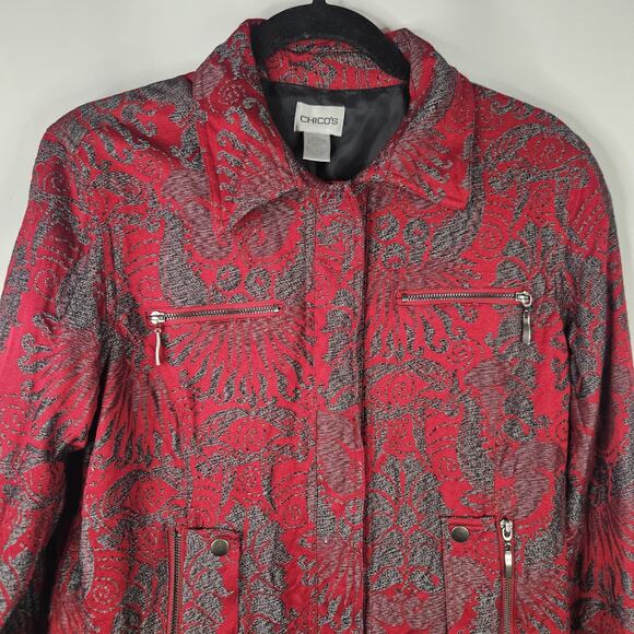 Chicos Size 2 Jacket Womens Red Gray Snap Front Lined Pockets Cotton Lyocell L - Picture 2 of 8